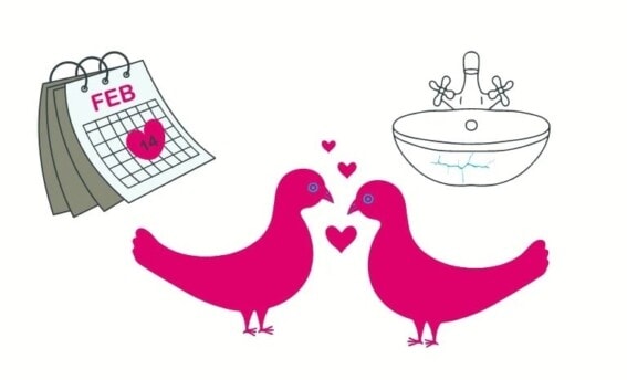 Illustration zu Beziehungscoaching am Valentinstag mit zwei verliebten Vögeln, Kalender und Coaching-Impulsen für Paare – COATRAIN® Hamburg
