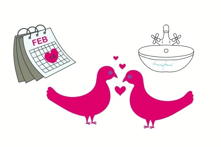 Illustration zu Beziehungscoaching am Valentinstag mit zwei verliebten Vögeln, Kalender und Coaching-Impulsen für Paare – COATRAIN® Hamburg
