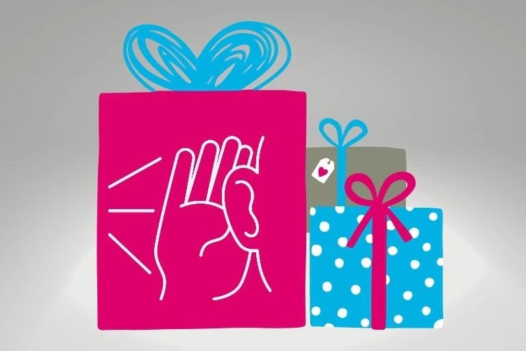 Illustration zum Geschenk des Zuhörens mit Geschenkpaketen und symbolischem Zuhören als Coaching-Tool für Teams und Familien in der Weihnachtszeit – COATRAIN® Hamburg