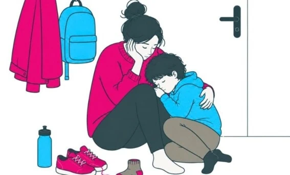 Die Illustration zeigt einen typischen Morgen in einer neurodiversen Familie: Überforderung, Nähe und gegenseitiges Auffangen gleichzeitig. Blogbeitrag von COATRAIN® in Hamburg.