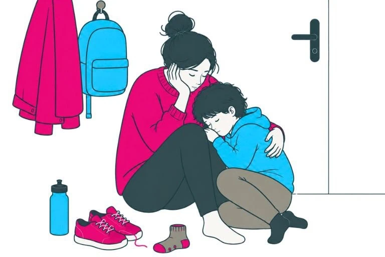 Die Illustration zeigt einen typischen Morgen in einer neurodiversen Familie: Überforderung, Nähe und gegenseitiges Auffangen gleichzeitig. Blogbeitrag von COATRAIN® in Hamburg.