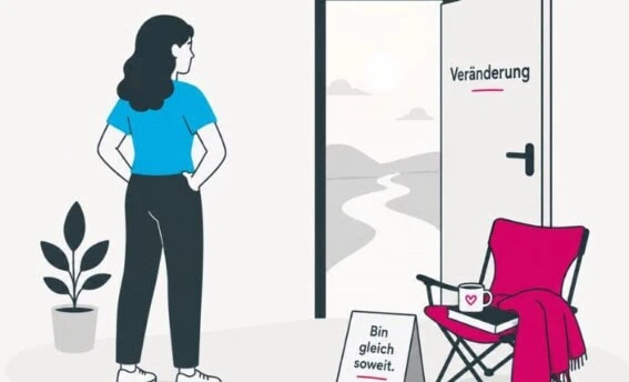 Illustration zum Thema Entscheidungen treffen und persönlicher Wille im Coaching. Eine Person steht vor einer offenen Tür mit der Aufschrift Veränderung. COATRAIN® Hamburg