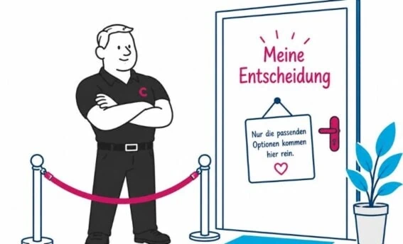 ntscheidungshilfe im Coaching: Ein Türsteher lässt nur passende Optionen durch die Tür „Meine Entscheidung“. Darstellung des K.-o.-Systems von COATRAIN® in Hamburg.