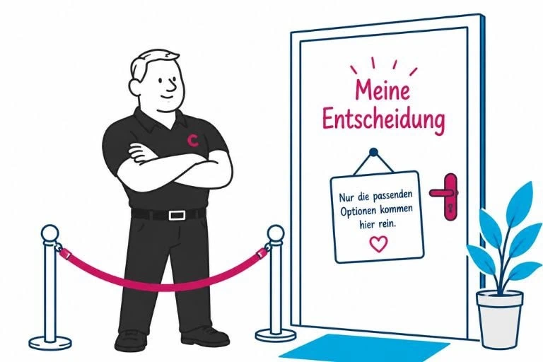 Das K.-o.-System als Entscheidungshilfe – Nur passende Optionen kommen durch. Von COATRAIN® in Hamburg. ntscheidungshilfe im Coaching: Ein Türsteher lässt nur passende Optionen durch die Tür „Meine Entscheidung“. Darstellung des K.-o.-Systems von COATRAIN® in Hamburg.