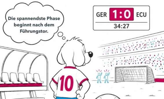 Illustration eines Fußballspiels mit Fokus auf die Phase nach dem Führungstor und der Veränderung von Verhalten und Dynamik im Spiel. Blogbeitrag von COATRAIN® Hamburg)