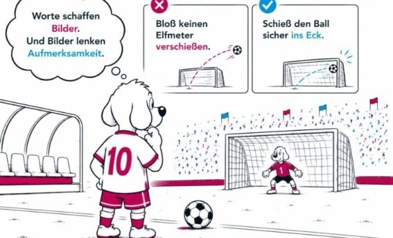 Blog Sprache in der Führung (COATRAIN® Hamburg): Comic-Hund vor einem Elfmeter zeigt, wie Worte Aufmerksamkeit und Entscheidungen beeinflussen.